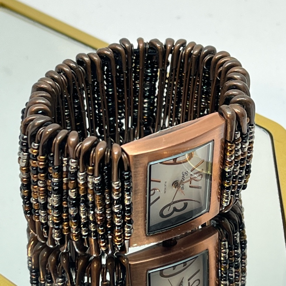 fun! GENEVA safety pin and bead watch! elastic pull on style! new battery bronze